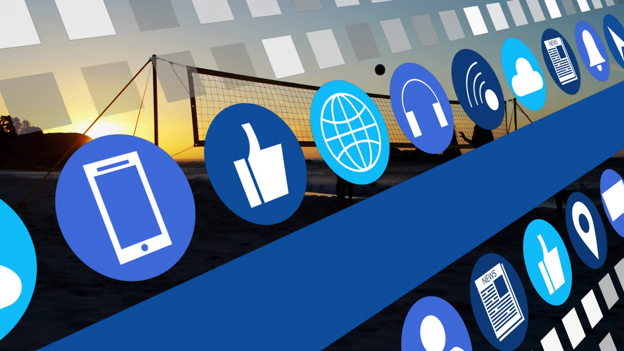 Animation af digitale kommunikationsikoner overlejret en beachvolleykamp ved solnedgang.
