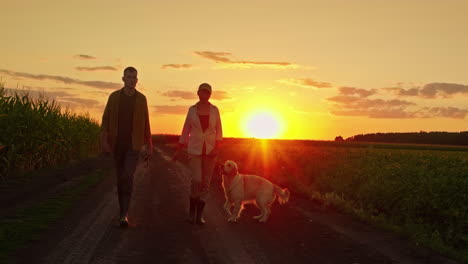 couple walking dog on a country road at sunset