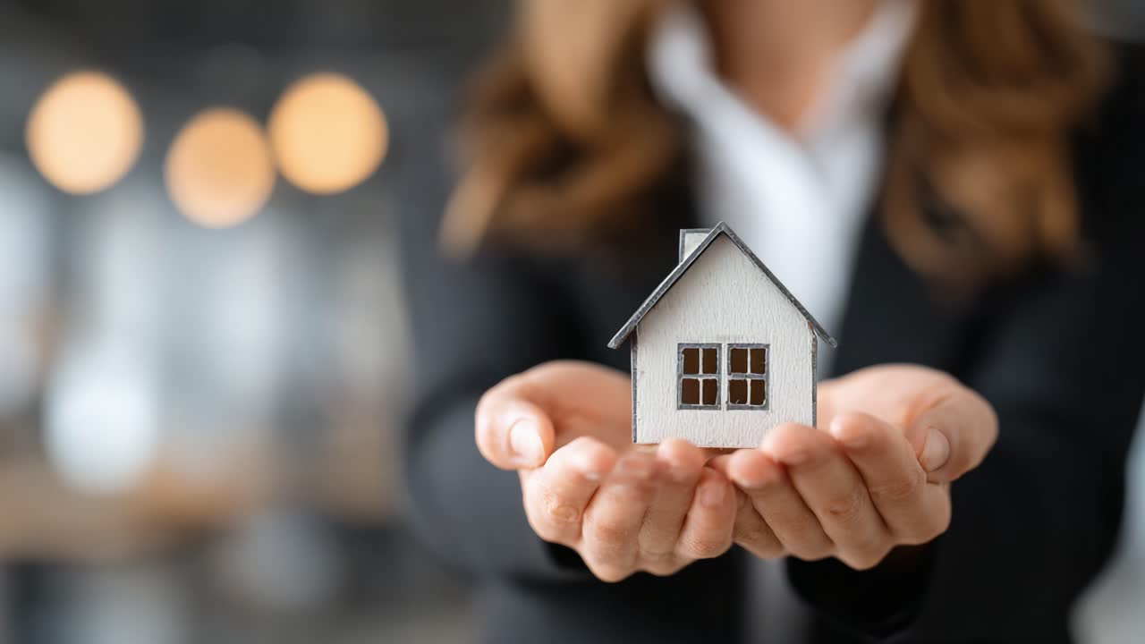 Un profesional presentando con cuidado una maqueta de casa en miniatura, enfatizando el concepto inmobiliario y la propiedad de la vivienda en un entorno empresarial moderno