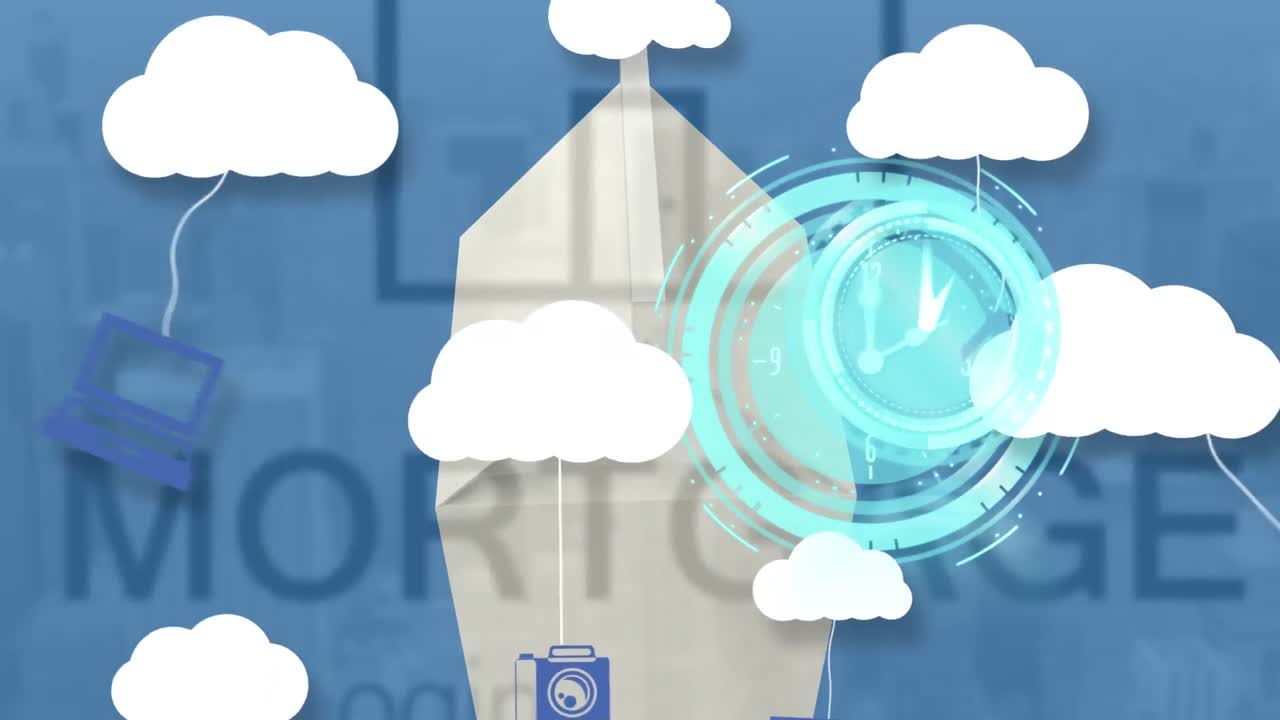 Animation of clock over digital clouds with electronic devices