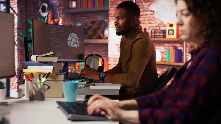 Upset programmer annoyed by computer bugs while coding in IT startup office
