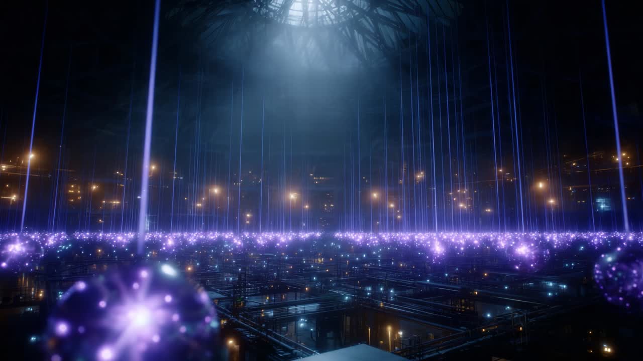 A breathtaking, futuristic landscape filled with luminous energy orbs and radiant beams of light emanating from the ceiling, showcasing an advanced and otherworldly space that captivates the imagination