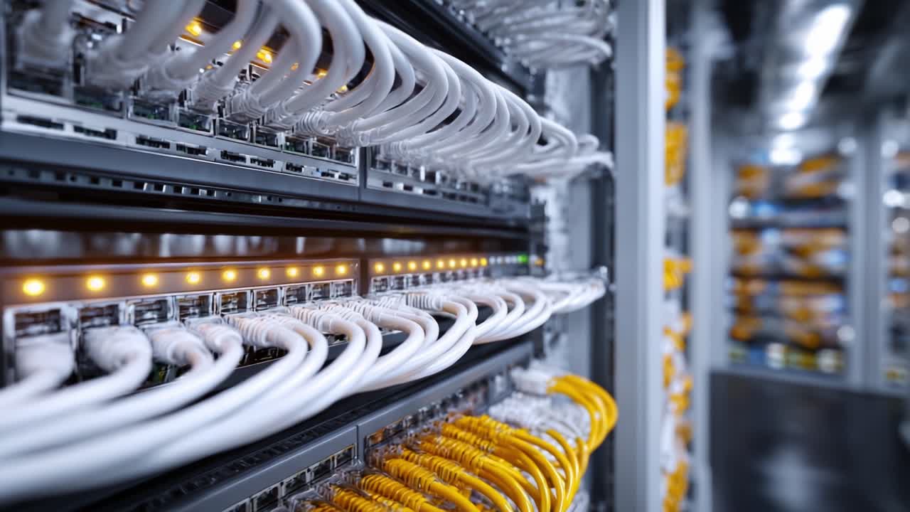 Detailed View of High-Tech Data Center Rack with Cables and Connections Showcasing Advanced Networking Infrastructure and Organized Wiring Systems