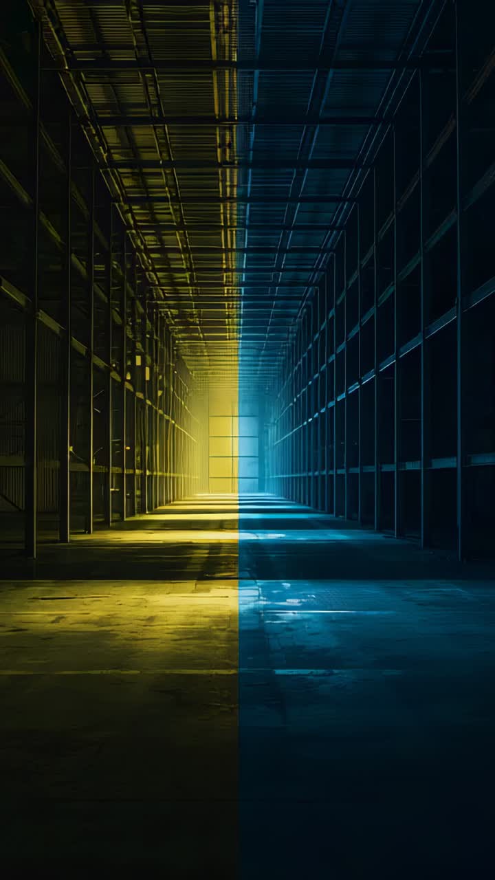 Vertical video: Showing warehouse aisle reacting to pulsing split warm cool lighting concrete floor