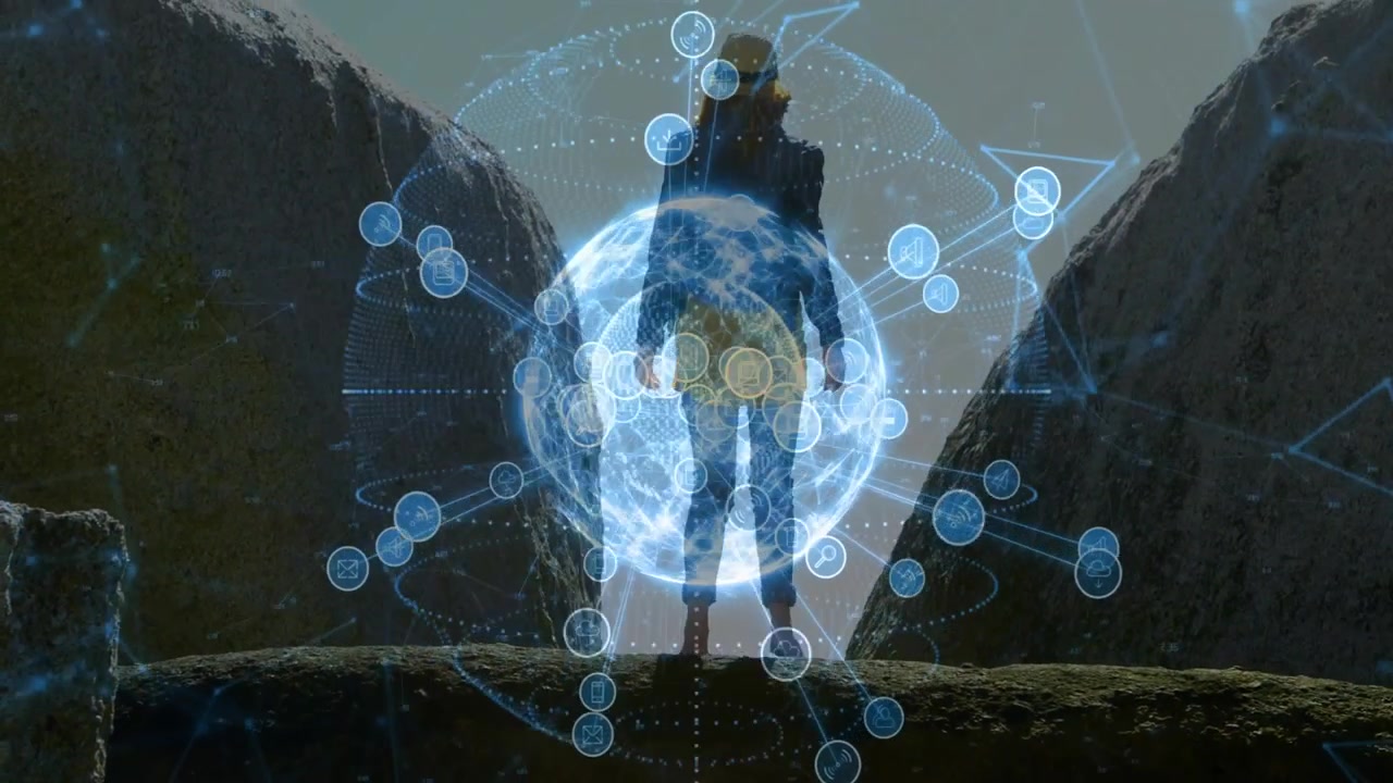 Escursionista che sale su una sporgenza rocciosa, attivando una rete tecnologica olografica a globo rotante che avvolge il busto.