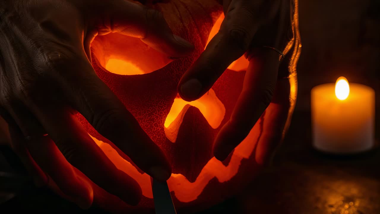 Mani nelle maniche mentre si inserisce una candelina nella zucca sul tavolo con una candela votiva, aumentando la luminosità