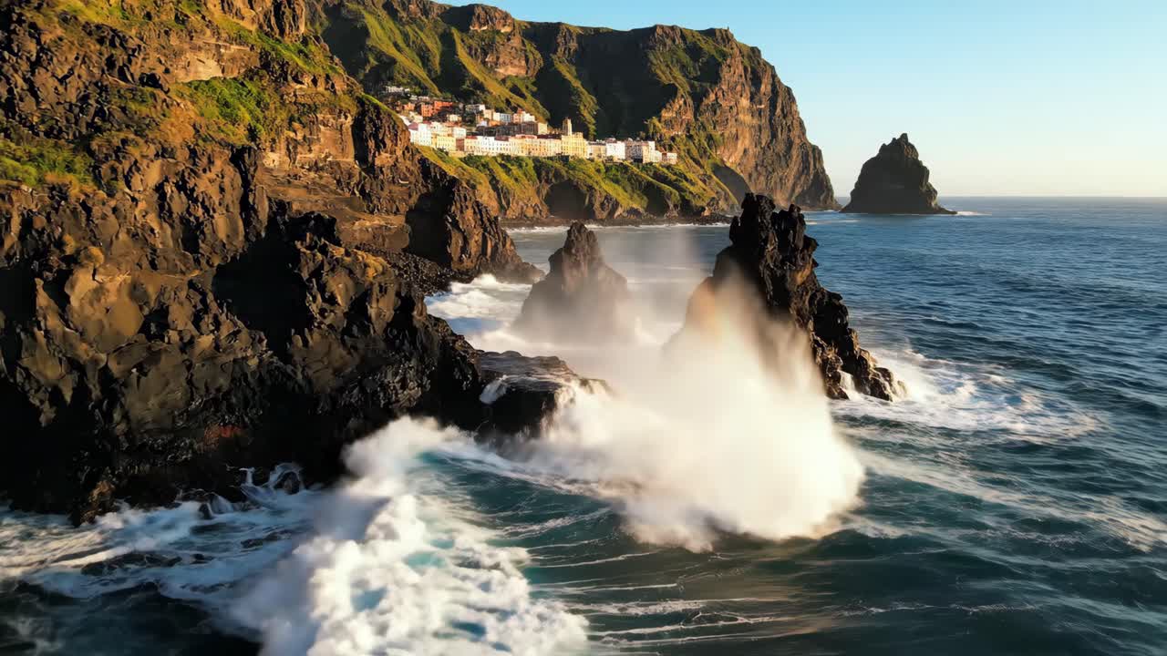 Picturesque coastal town nestled on a rocky coast with crashing ocean waves