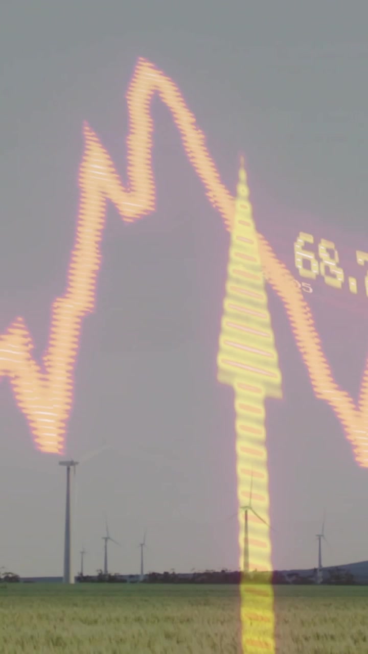 Vertical video: Data feed driving neon waveform pulsing over wind farm, numeric labels shifting