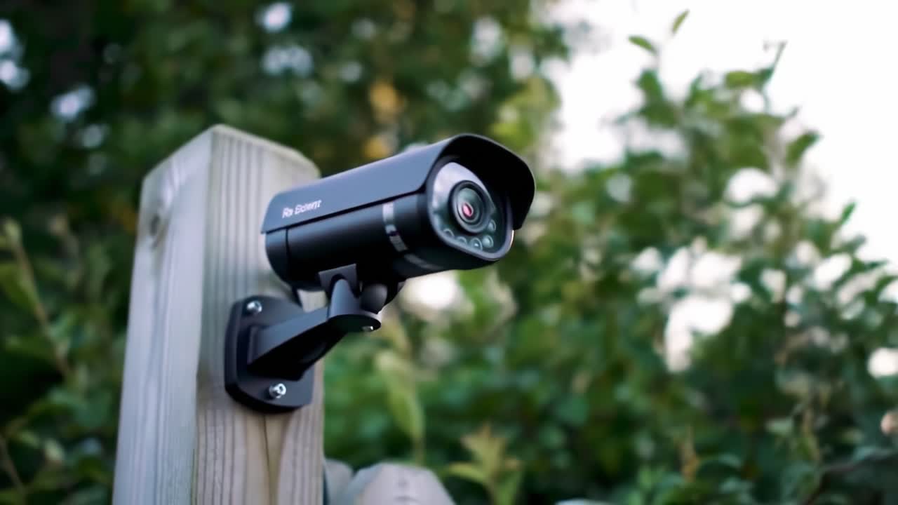 A surveillance camera is being installed on a wooden post to improve security in an outdoor setting during daylight. The camera is positioned to capture the surroundings effectively.