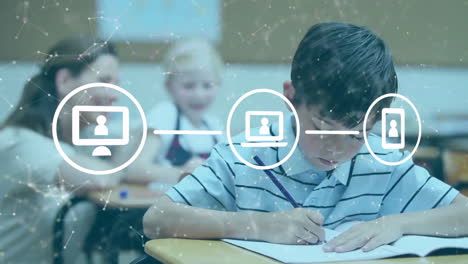 animation of icons and data processing over diverse schoolchildren and female teacher