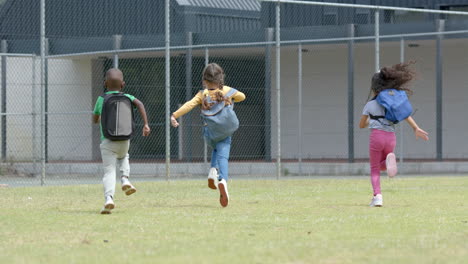 in school, three young friends are running across field