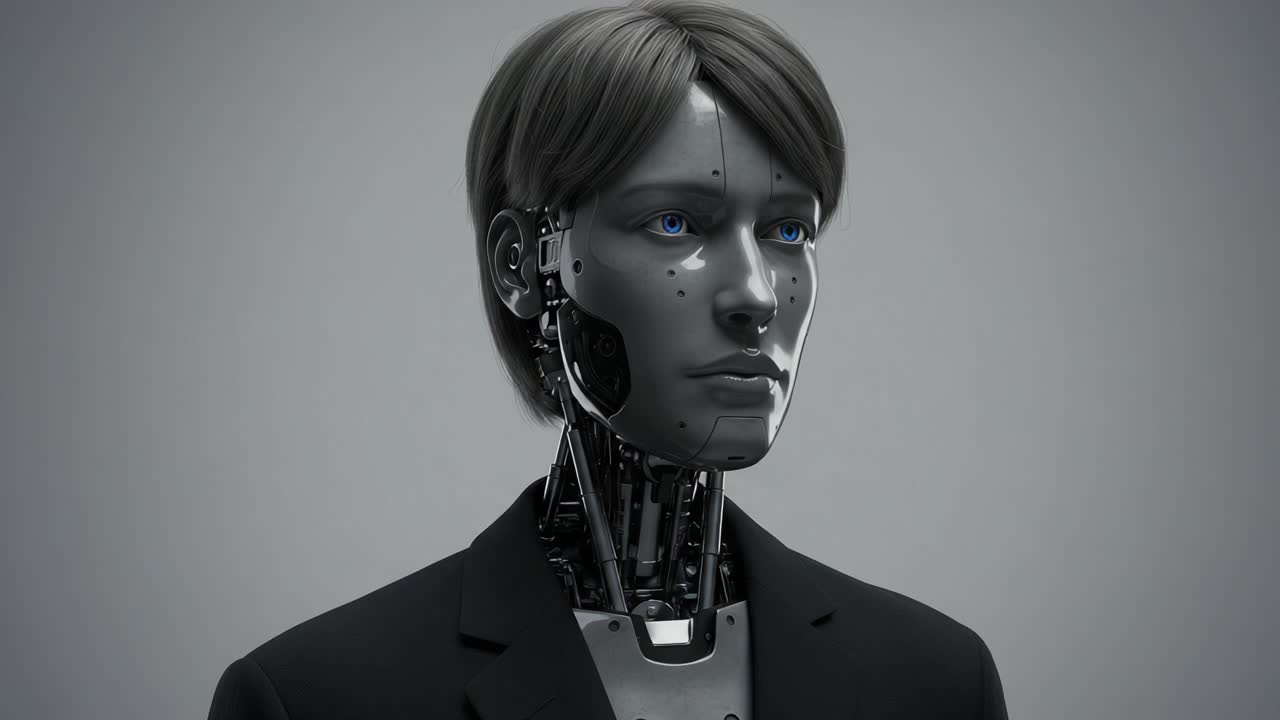 Futuristic Robotic Character Rendering in Business Attire: A Striking Representation of Artificial Intelligence and Human-Like Features in a Minimalist Setting