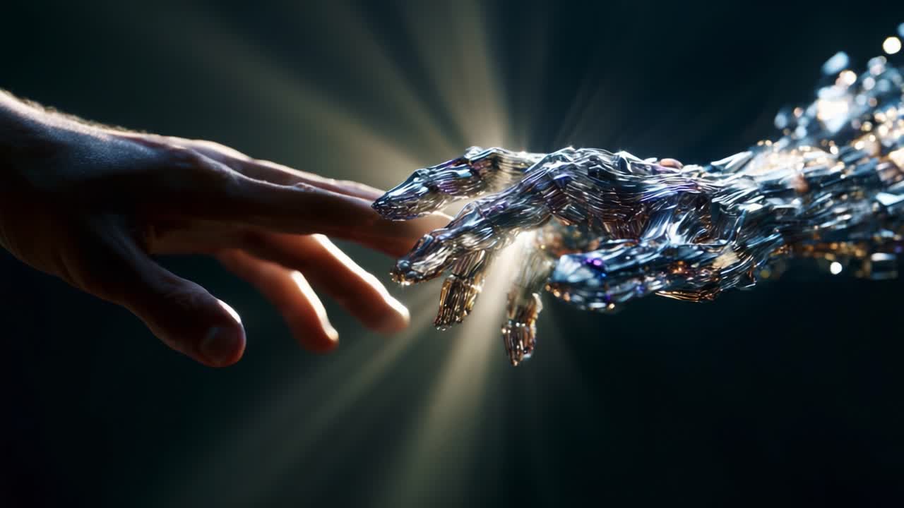 A stunning visual representation of humanity's connection with advanced technology, depicting the moment of contact between a human hand and a robotic hand, symbolizing innovation and evolution