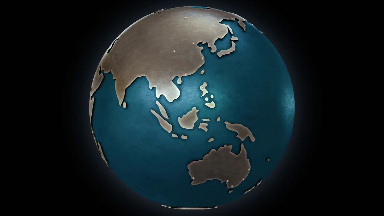 은 대륙과 함께 회전하는 스타일화 된 금속 지구 지구.