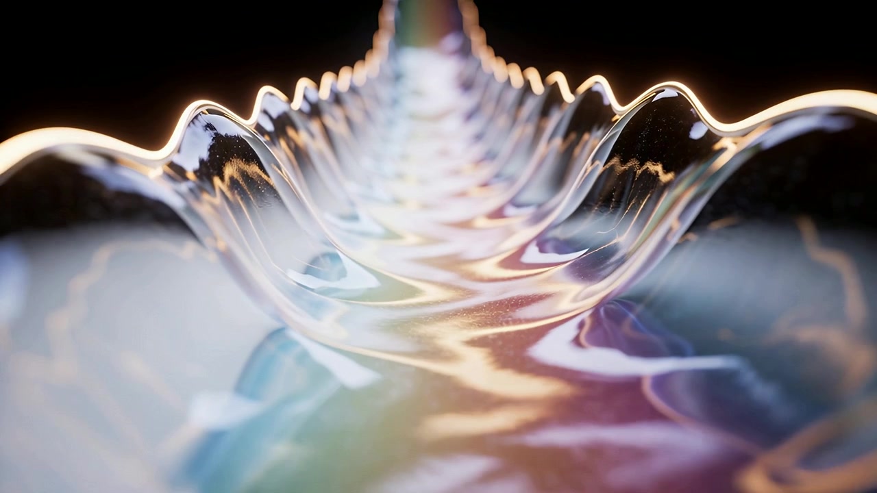 Shifting translucent ribbon rolling forward in studio wave showing scallop ridge, iridescent sheen