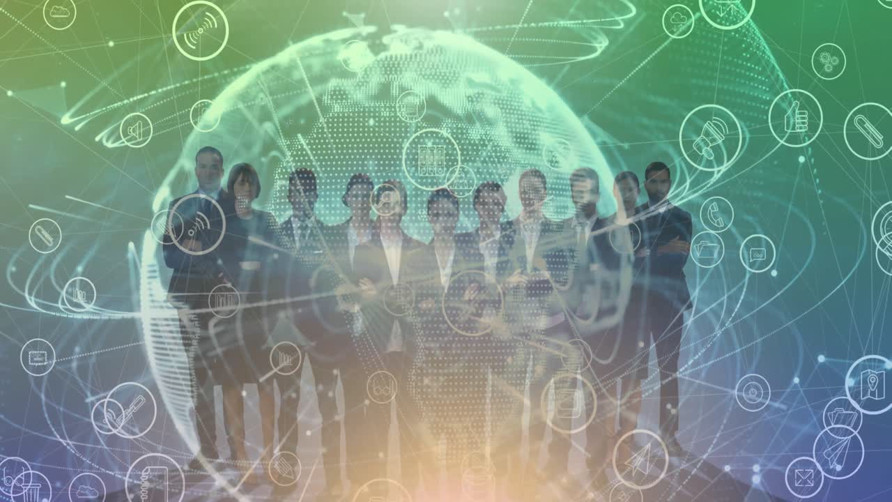 사업가 그룹에 대한 아이콘과 글로브와의 연결 네트워크의 애니메이션