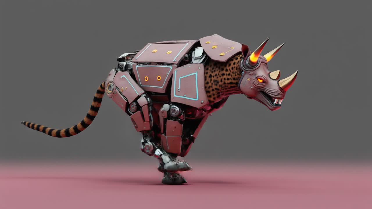 Criatura Híbrida de Leopardo e Rinoceronte Robótica CGI Correndo