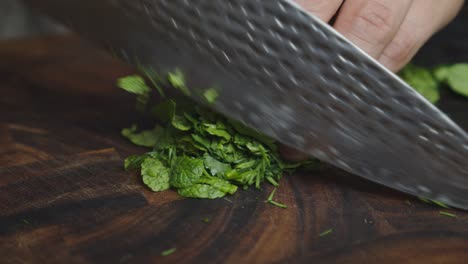 cutting herbs ingredients on cut board with big kitchen knife