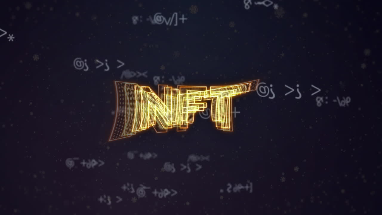 Animation of NFT text glowing with digital symbols and codes surrounding it