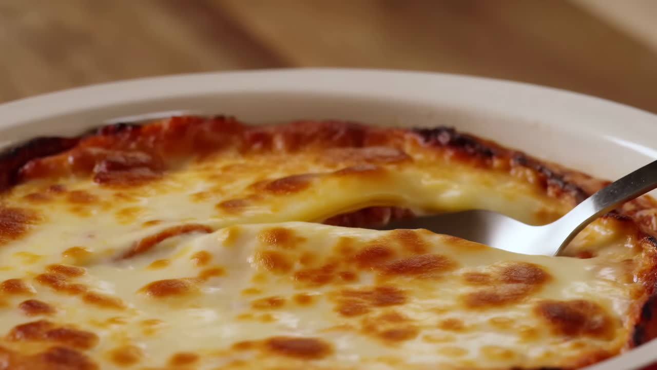 Lasagna bollente servita con un cucchiaio, mozzarella dorata che si scioglie sugli strati, in una pirofila di ceramica su un tavolo di legno
