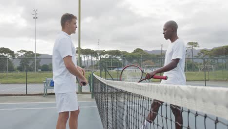 Fröhliche,-Vielfältige-Männliche-Tennisspieler-über-Dem-Netz-Auf-Dem-Tennisplatz-Im-Freien-In-Zeitlupe