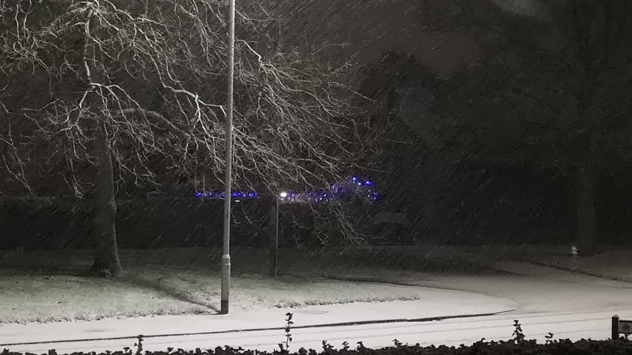 밤에 가로등을 가로지르는 평화로운 폭설 계절 마을 동네 겨울 장면