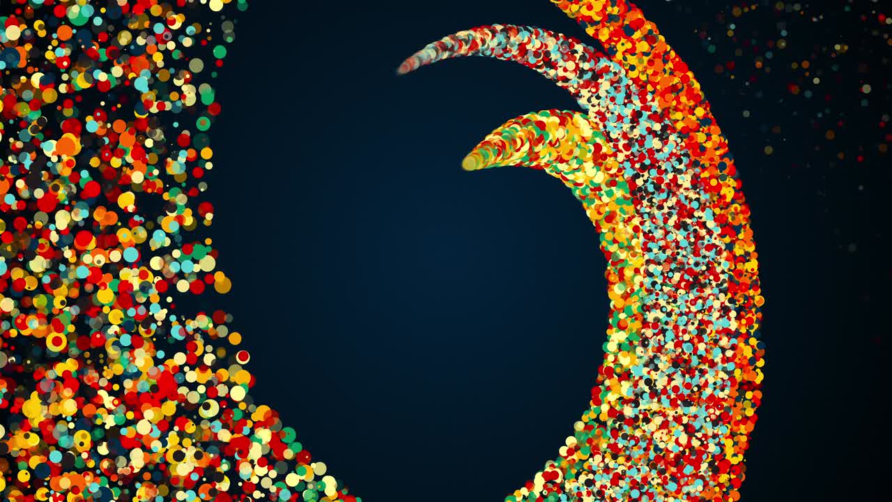 la fusión de tres rayas radiales de partículas de color en una espiral. computadora generada 3d render. fondo festivo mágico con bokeh y brillo