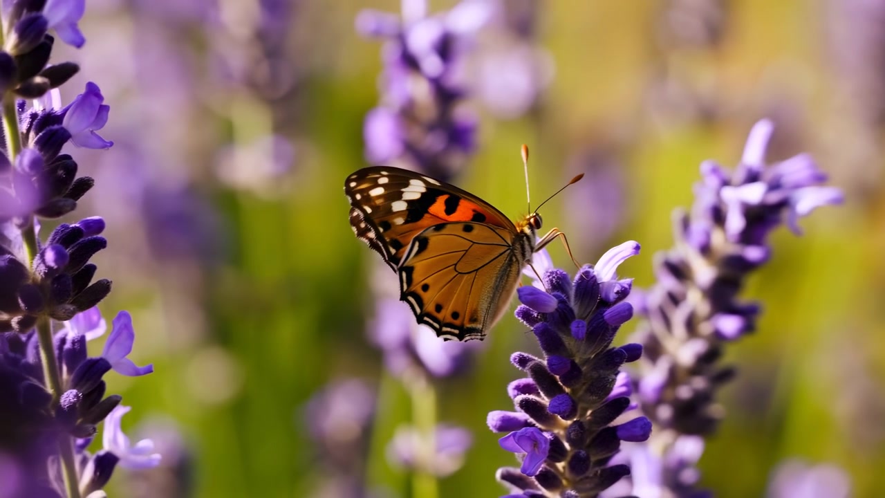 Una farfalla colorata si posa su alti fiori viola in una luminosa scena di giardino, circondata da fiori morbidi e sfocati e bokeh verde per uno sfondo naturale e calmo
