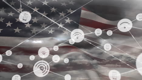 animación de la red de conexiones con iconos sobre la bandera de los estados unidos de américa y el cielo