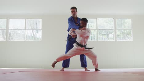 judokas training by doing a randori on the judo mat