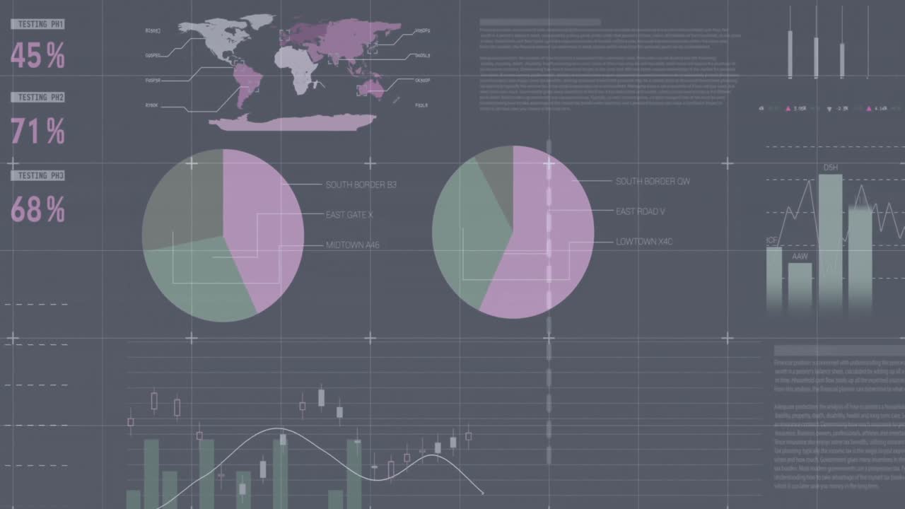 animación del procesamiento de datos financieros sobre una cuadrícula sobre un fondo gris.