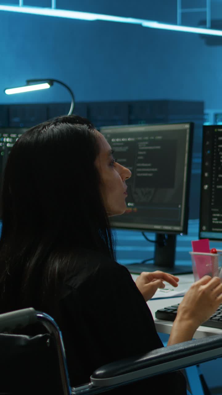 Software Developers Typing Code on Multiple Monitors in Dark Office