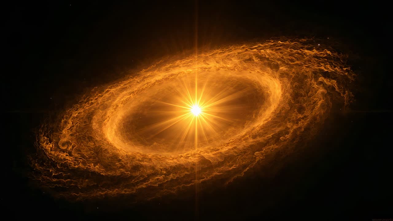 Progressing frames showing orange-gold stellar core rotating in deep space, disk evolving