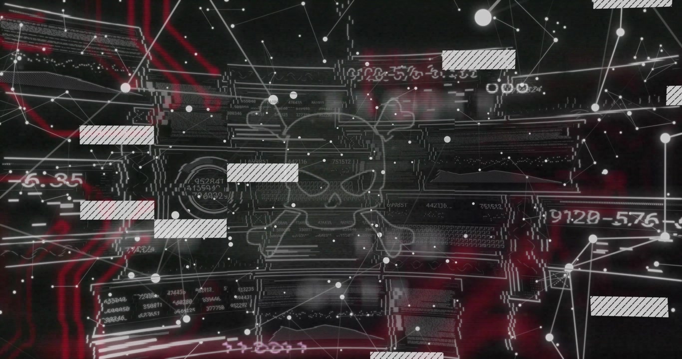 Flickering lines forming network grid, panels and bars sliding, skull icon pulsing signaling alert