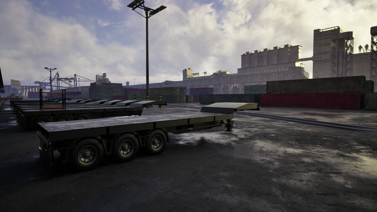 Truck trailers parked at a shipping yard during a cloudy afternoon