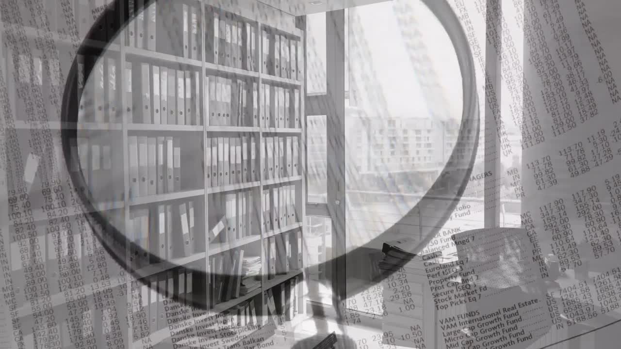 빈 사무실 위의 독서 유리 및 텍스트의 애니메이션