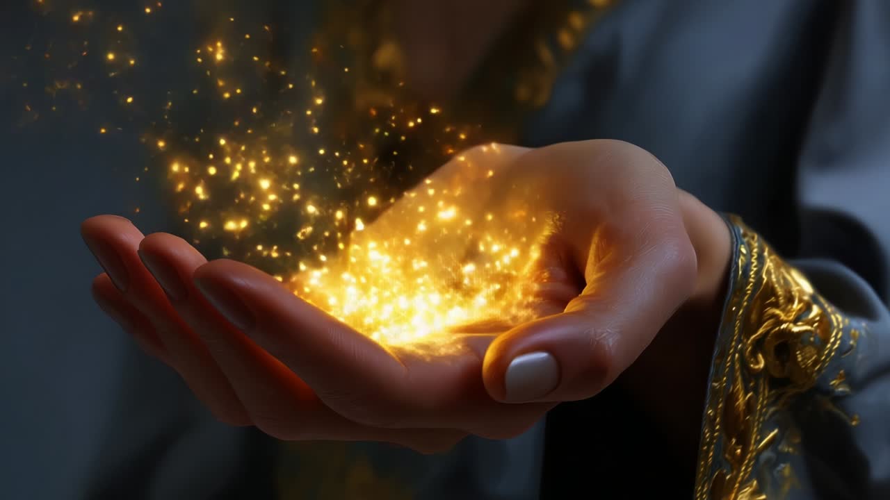 A mesmerizing display of shimmering golden sparkles released from an outstretched hand, capturing the essence of magic and wonder in a captivating moment of ethereal beauty and enchantment