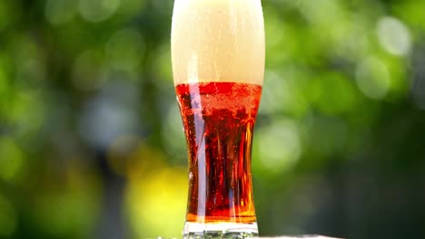 white foam becoming into dark beer with bubbles in glass. foamy alcohol beverage in a tall glass on blur background. close-up.
