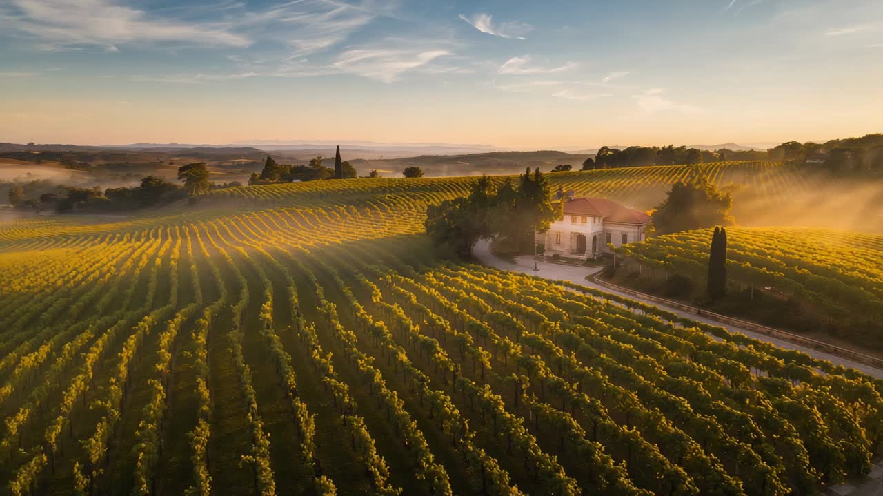 Drone che si libra su un vigneto e una casa colonica durante l'ora d'oro, rivelando i dettagli attraverso la nebbia