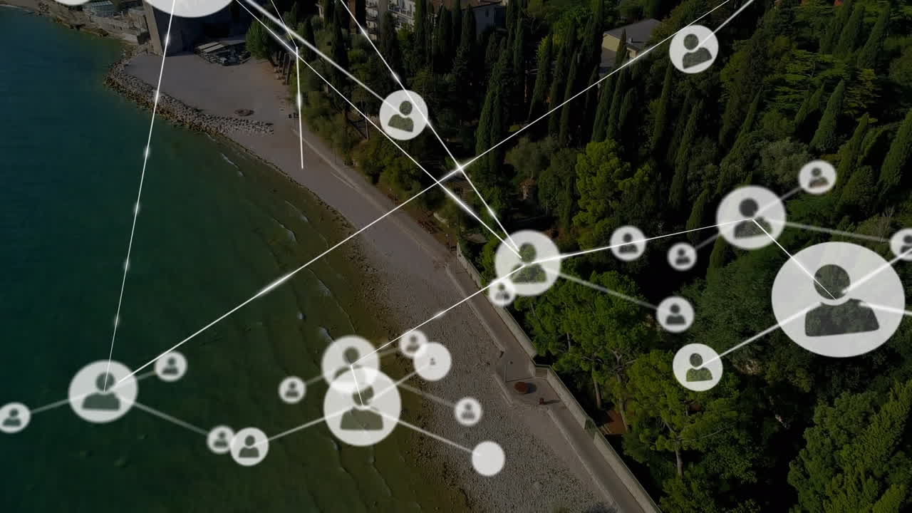 animación de la red de conexiones con iconos sobre la vista del mar