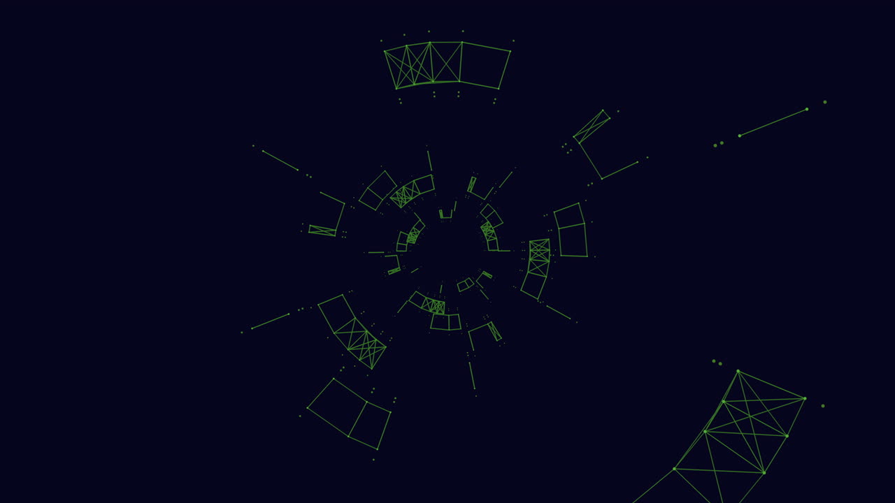 사각형, 직사각형, 원, 삼각형으로 된 선과 모양의 복잡한 3d 네트워크