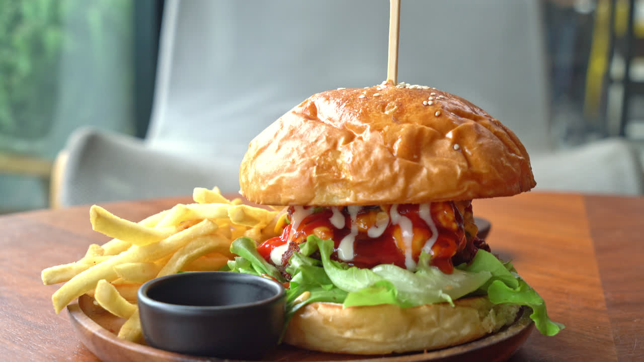 Hamburguesa de ternera con queso y salsa sobre placa de madera
