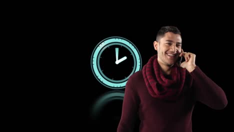 animation of mixed race man wearing red scarf talking on his smartphone with digital clock icon in b