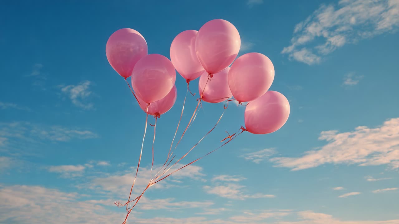 A Bunch of Pink Balloons Dancing in the Bright Blue Sky, Captivating View with Soft Clouds in the Background, Perfect for Celebrations and Joyous Events