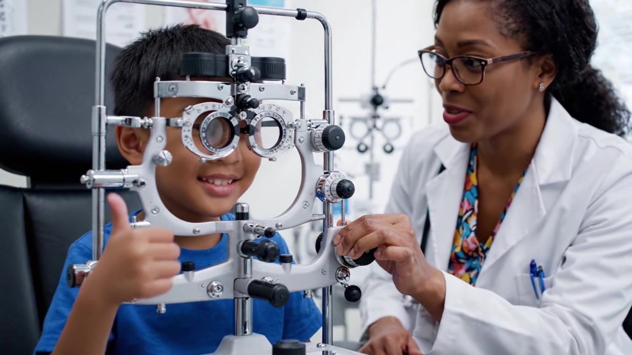 A Young Boy Undergoing a Vision Test with an Optometrist Using a Phoropter in a Bright, Modern Eye Examination Room