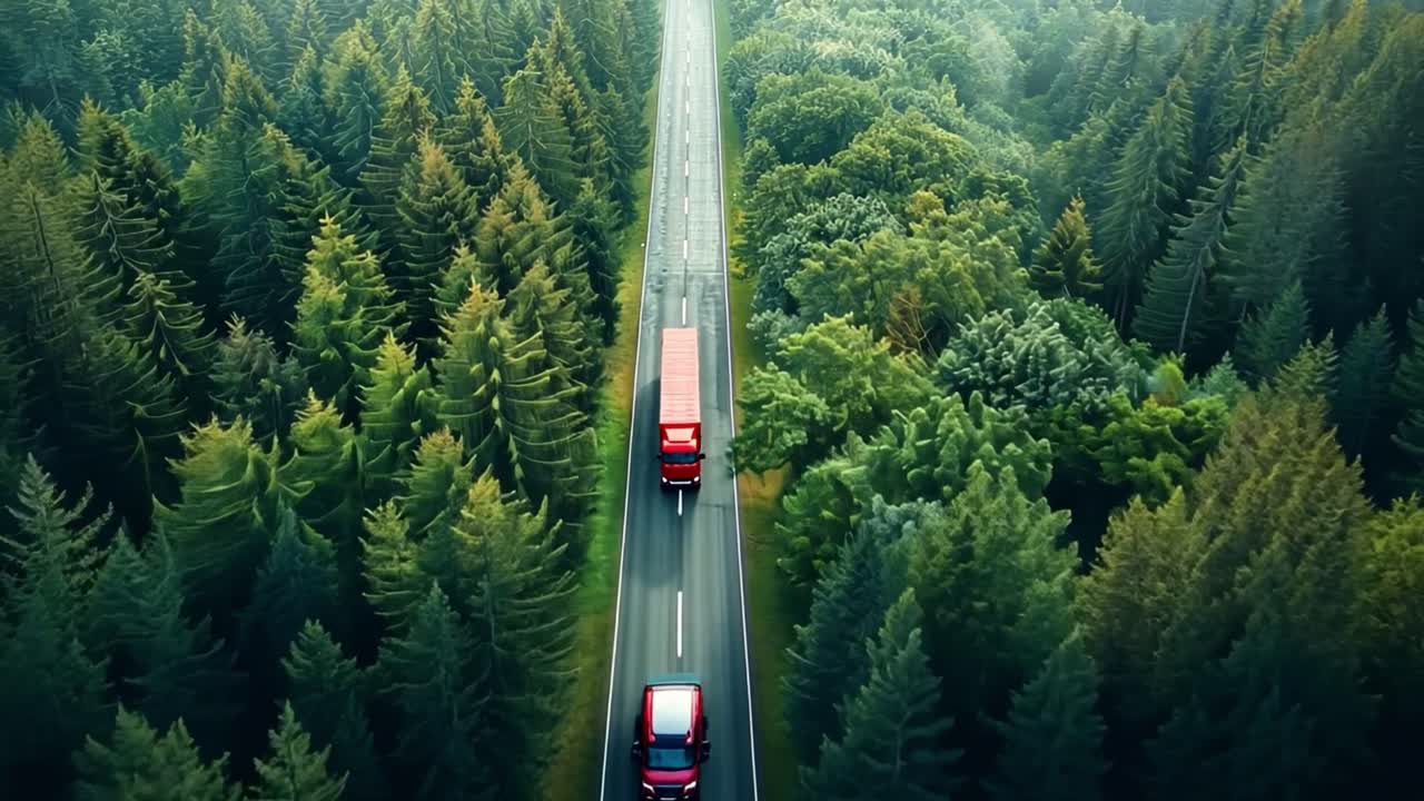 Aerial View of a Red Semi-Truck on a Forest Highway