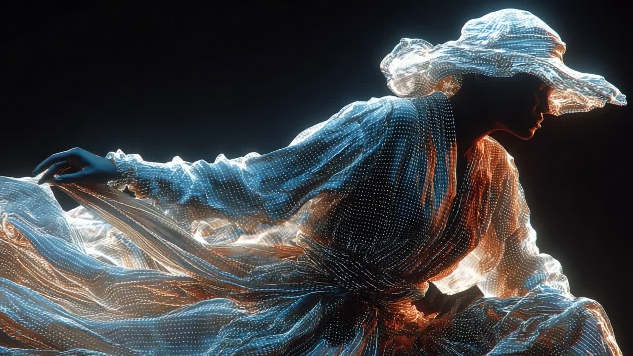 A mesmerizing digital artwork featuring a figure draped in flowing fabric, illuminated with intricate light patterns, depicting a harmonious blend of movement and ethereal beauty, captured in stunning detail