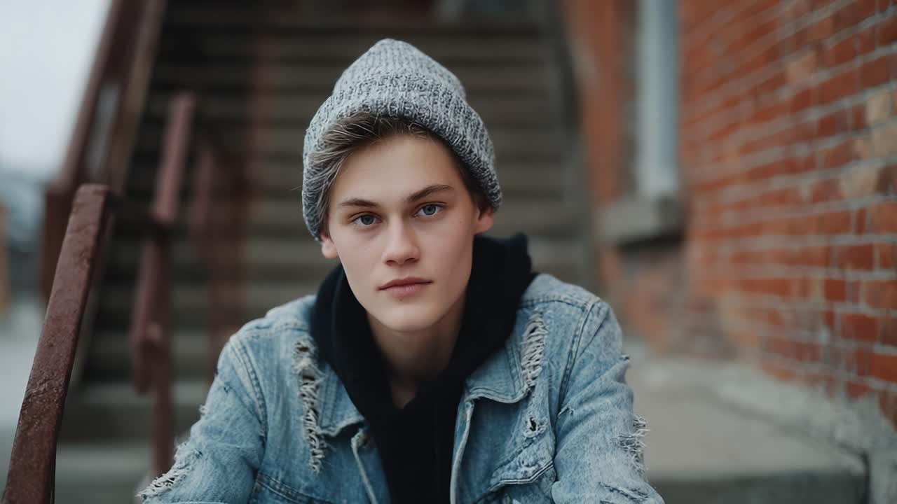 En ung person med en beanie og slidt denimjakke poserer eftertænksomt på en trappe omgivet af murstensvægge og indfanger et øjeblik af refleksion og stil