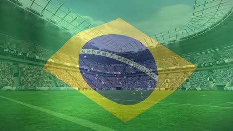 Animation-Des-Schwenkens-Der-Brasilianischen-Flagge-Vor-Dem-Blick-Auf-Ein-Sportstadion