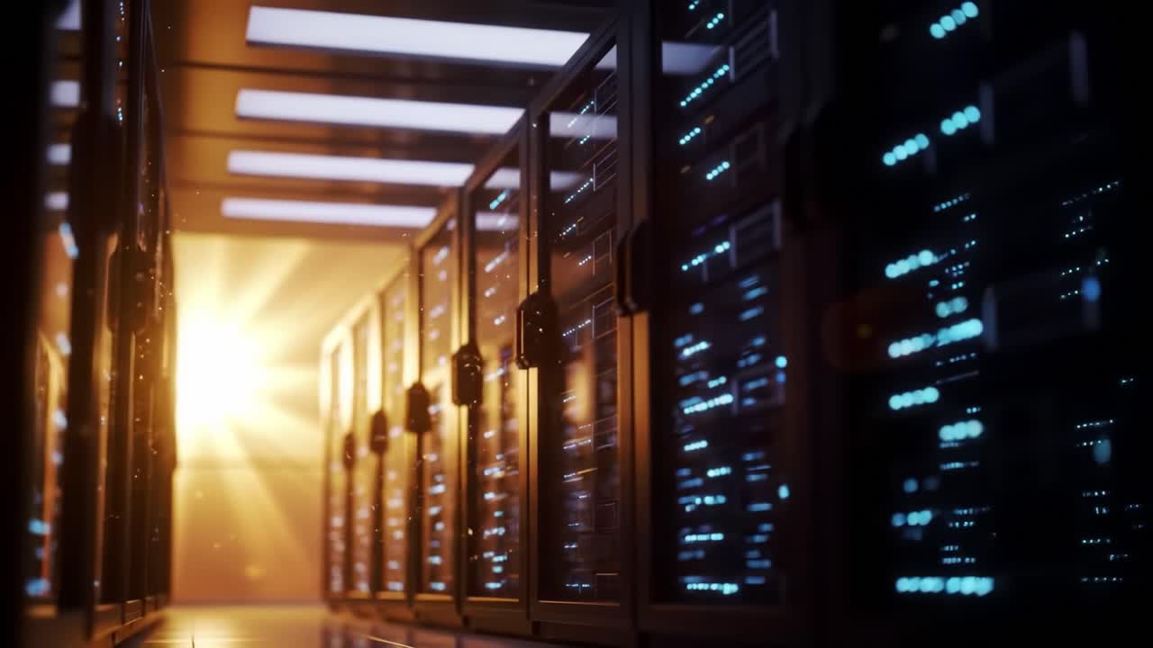 Visit a cutting-edge data center showcasing rows of illuminated servers, highlighting innovation in technology. Experience the pulse of digital infrastructure during the vibrant evening hours.